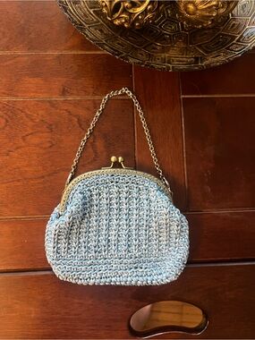Light Blue Crochet Frame Handbag with Chain Strap
